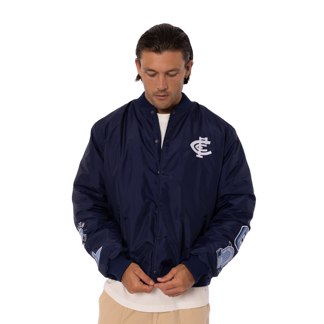 Close-up of the back graphic on the Men's Graphic Patch Bomber.