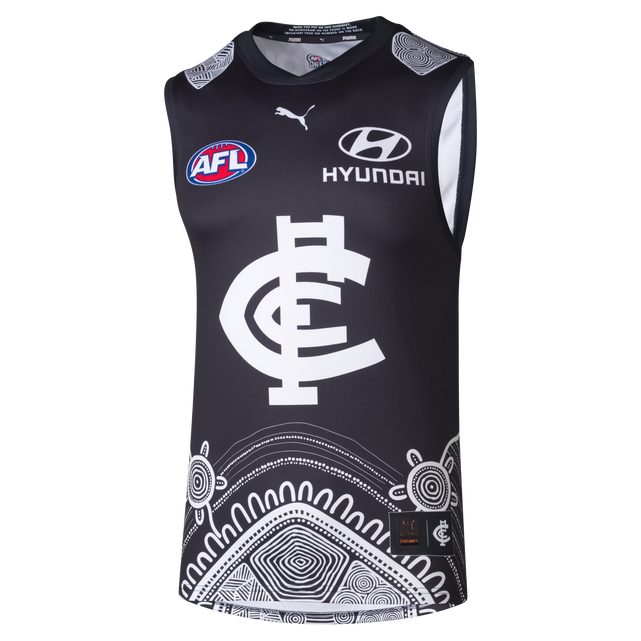 Front view of the 2025 Carlton PUMA Mens Indigenous Guernsey.