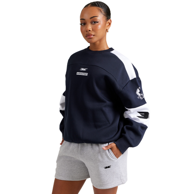 Angled view of the Elite Eleven Carlton Retro Crewneck sweatshirt.