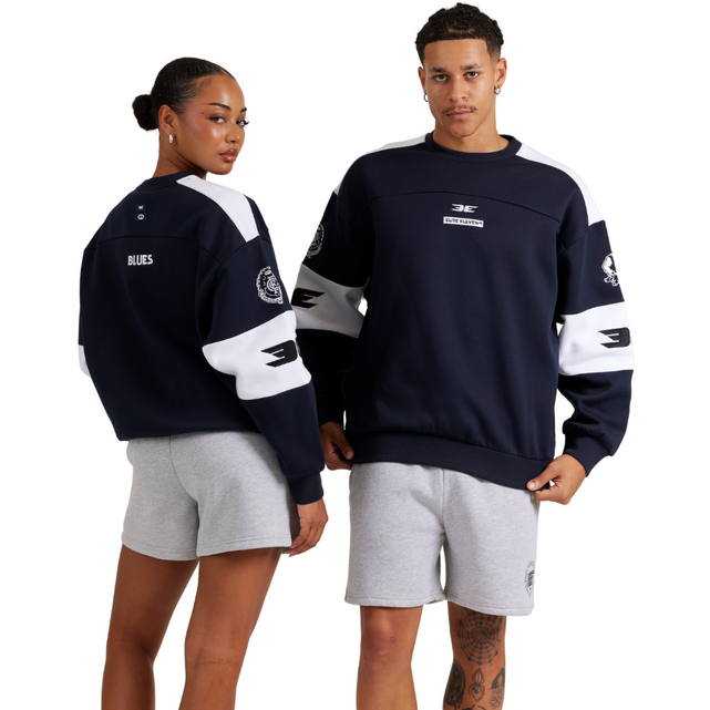 Close-up of the chest logo on the Elite Eleven Carlton Retro Crewneck.