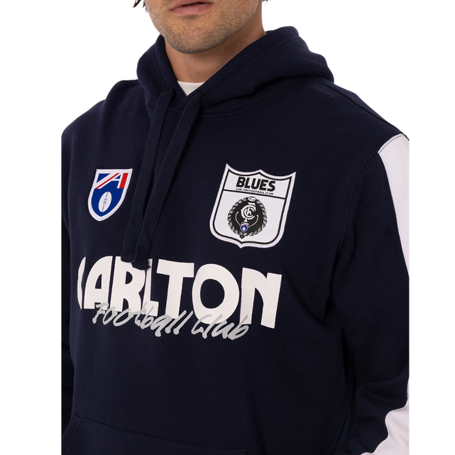 Lifestyle front shot of the Men's Throwback Logo Hoodie worn by a model.