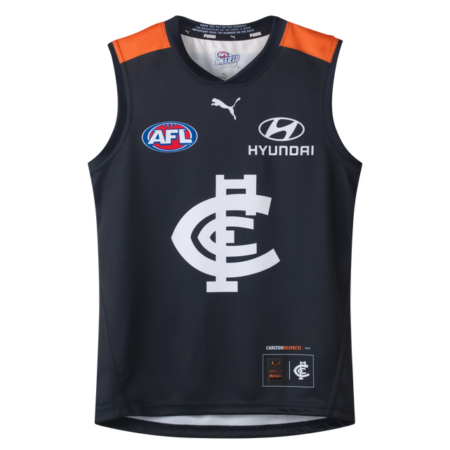 Front view of the 2025 PUMA Women's Carlton Respects Guernsey.