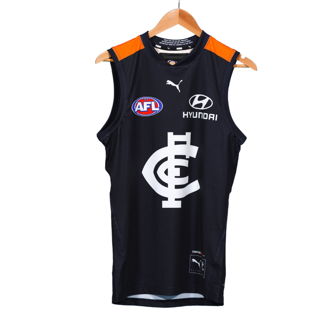 Close-up detail of the 2025 PUMA Men's Carlton Respects Guernsey artwork.