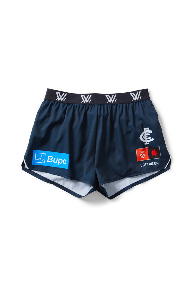 Front view of the 2025 Cotton On S10 Women's Run Shorts for Carlton AFLW support.