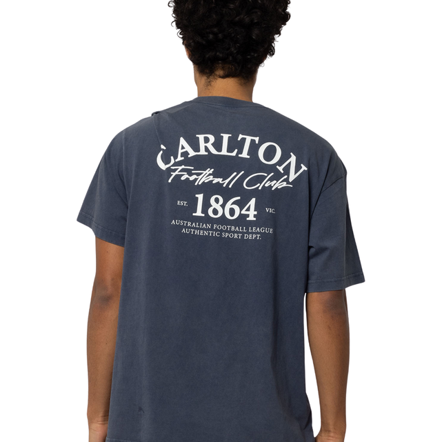 Close-up of the chest logo on the Carlton Adult Acid Wash Tee.