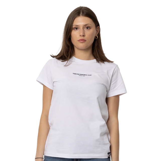 Back view of the white Carlton Women's Signature Tee worn by a model.