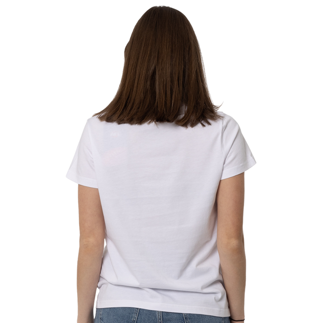 Angled side view of the white Carlton Women's Signature Tee.