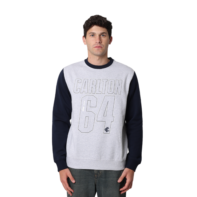 Close-up of the chest logo on the Carlton Adults Varsity Oversized Crew.