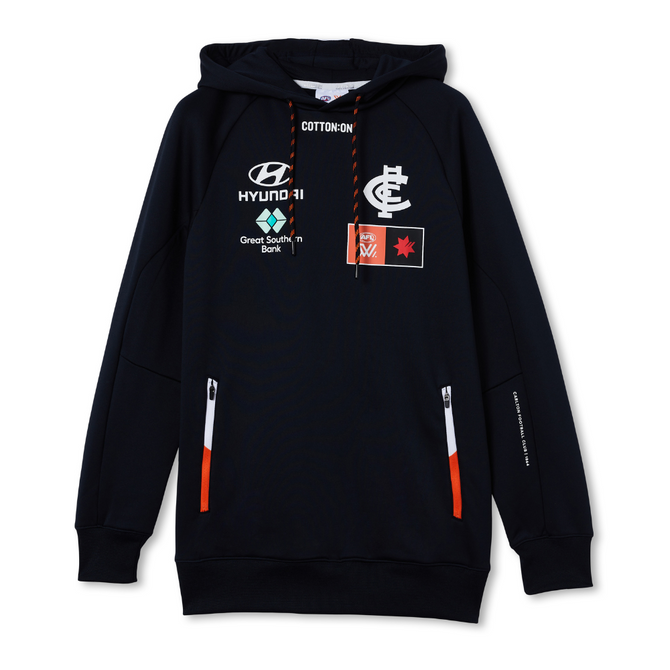Front view of the 2023 Carlton Cotton On S8 Tech Unisex Hoodie.