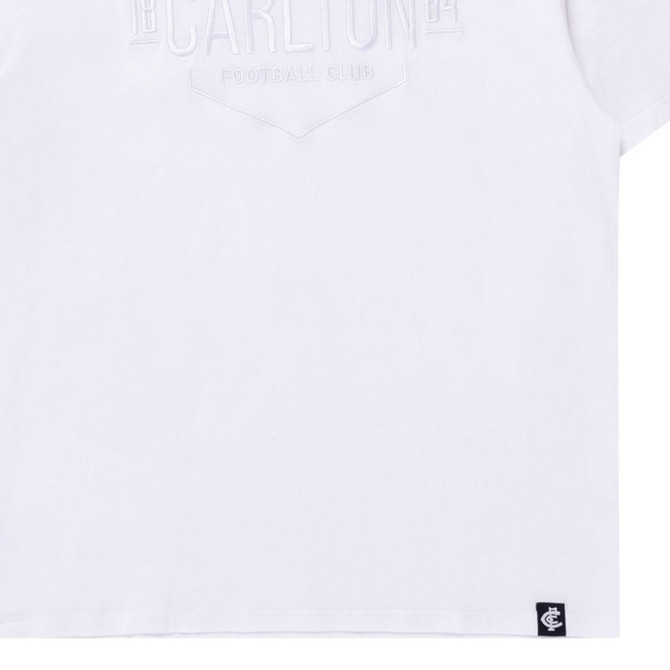 Angled view of the Carlton 1864 Men's White Tee by NAR.