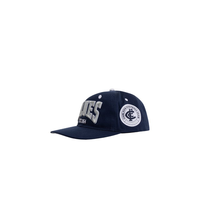 Side view of the S24 Carlton Blues Snapback cap.