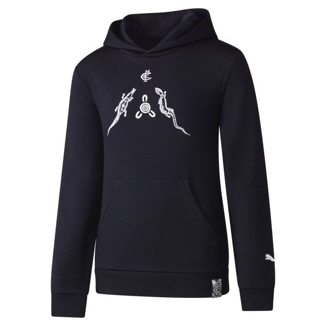 Front view of the 2024 Carlton PUMA Youth Indigenous Hood (Hoodie).
