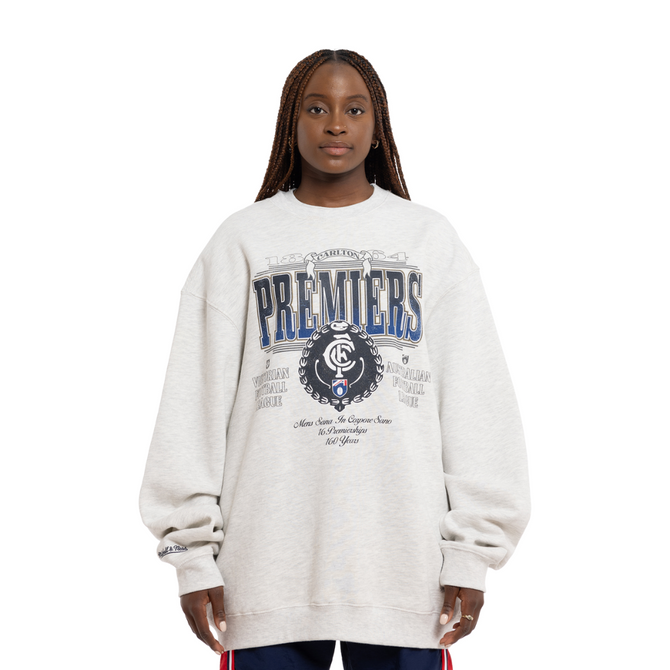 Angled side view of the Carlton 16 Premiers Crew sweatshirt.