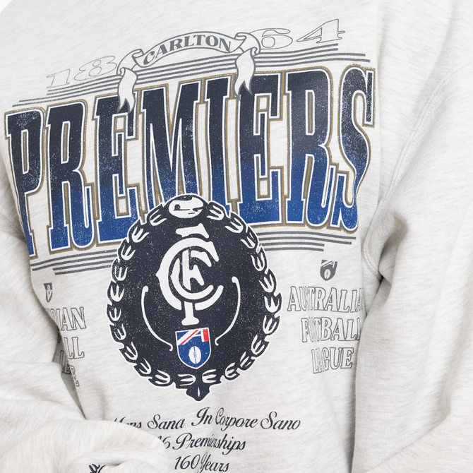 Lifestyle front shot of the Carlton 16 Premiers Crew worn by a model.
