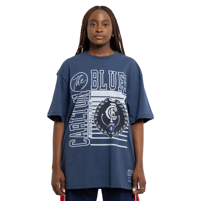 Front view of the Carlton Blues Emblem Tee by Mitchell & Ness.
