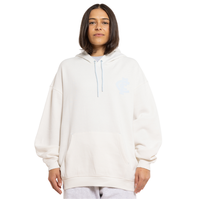 Close-up of the puff print logo on the Womens Vintage White Puff Hood.