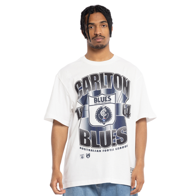 Front view of the Carlton Bust Out Tee by Mitchell & Ness.