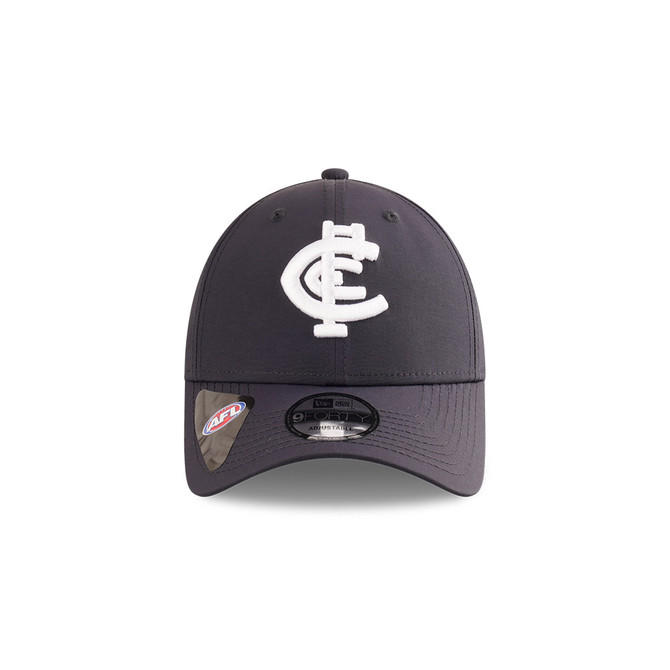 Front view of the 2025 Carlton New Era Media 9Forty cap.
