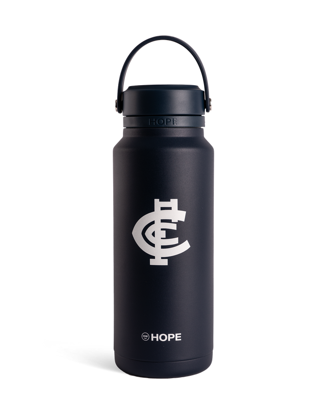 Front view of the Hope Water X Carlton FC 1L Bottle in blue.