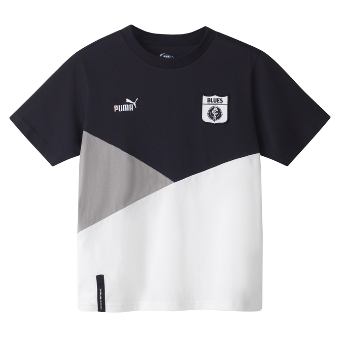 Angled front view of the 2025 PUMA Youth Navy 90s Tee.