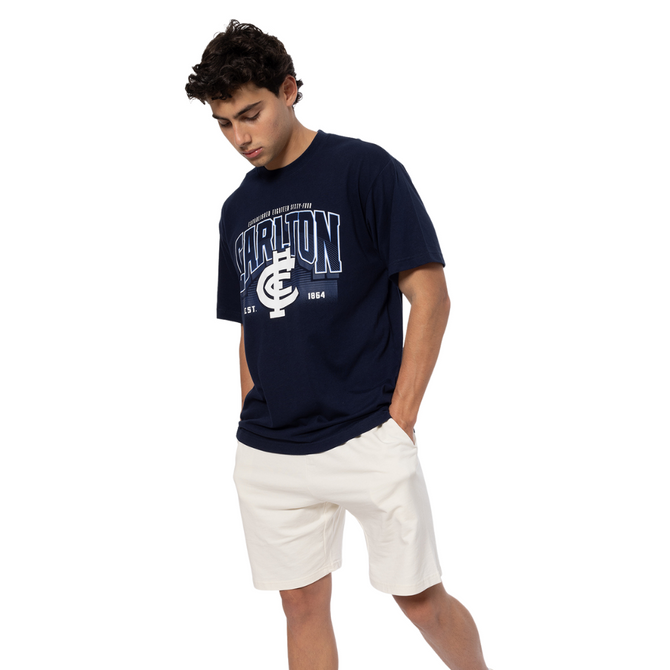 Front view of the 2025 Carlton Men's Wordmark Tee by NAR.