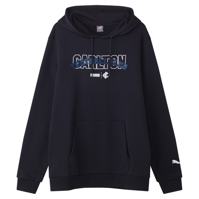 Angled front view of the 2025 Carlton PUMA Unisex Graphic Hoodie.