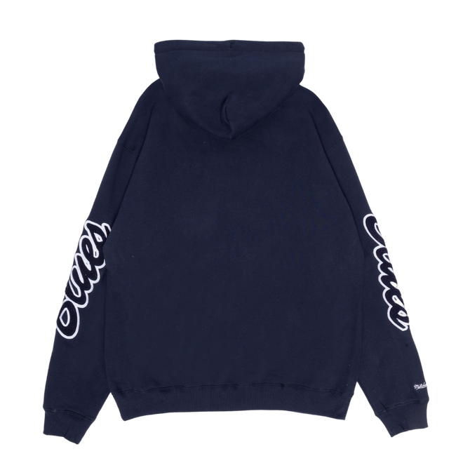 Back view of the Carlton '95 Premiership Hoodie by Mitchell & Ness, worn by a model.