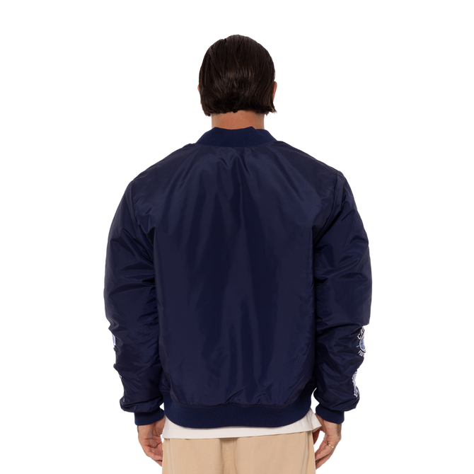 Back view of the 2025 Carlton Men's Graphic Patch Bomber jacket.