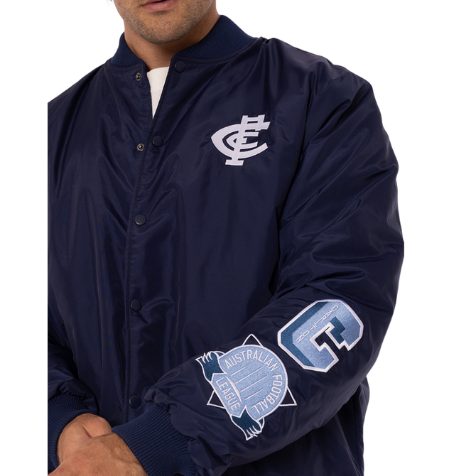 Close-up of the front patches on the Men's Graphic Patch Bomber.
