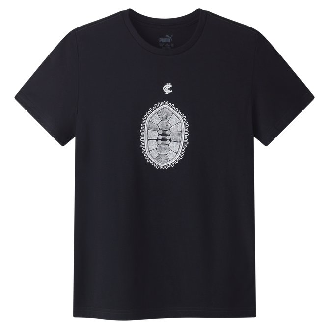Front view of the 2025 Carlton PUMA Youth Indigenous Tee.