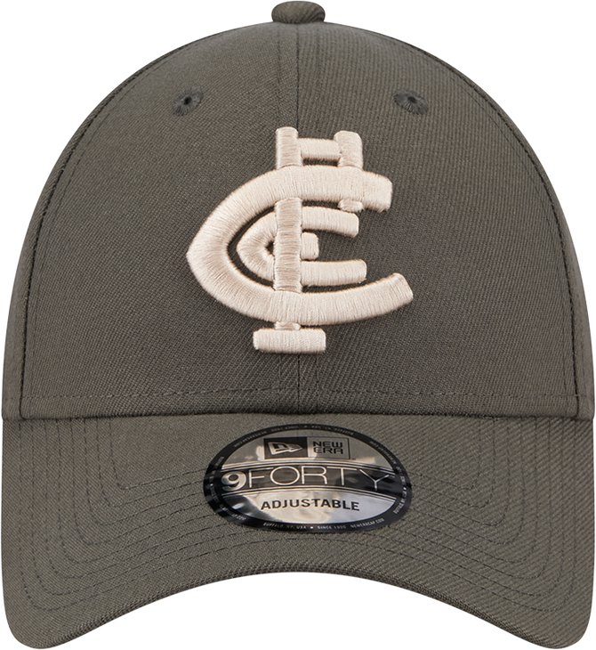 Front view of the 2025 Carlton New Era Dusty Charcoal 9Forty cap (Adult).