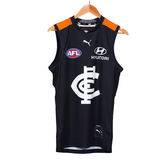 Close-up detail of the 2025 PUMA Men's Carlton Respects Guernsey artwork.