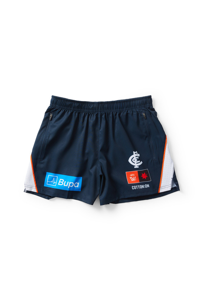 Front view of the 2025 Cotton On S10 Women's Travel Shorts for Carlton AFLW support.