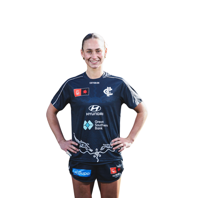 2025 Cotton On S10 Women's Run Out Tee for Carlton AFLW support.