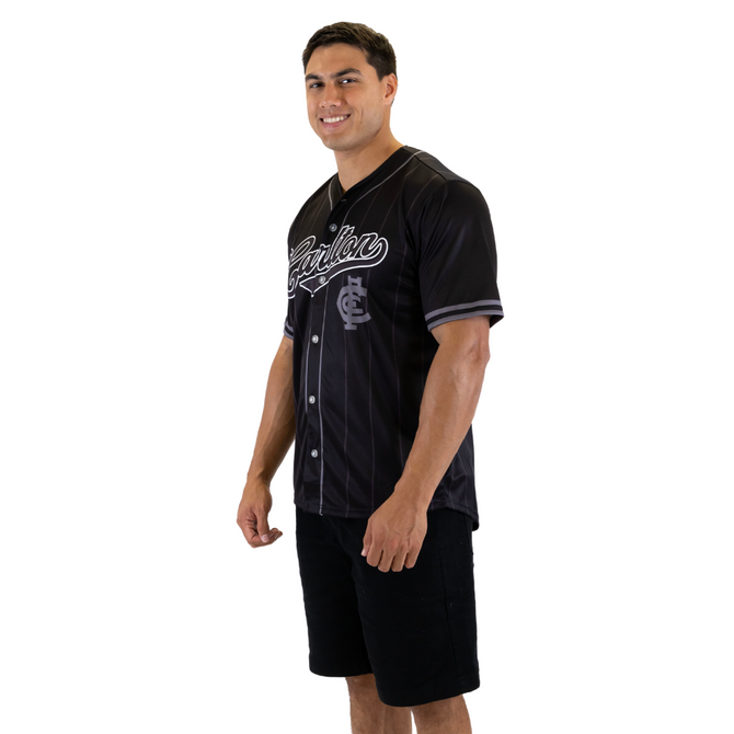 Close-up detail of the Carlton Men's Blackout Baseball Shirt.