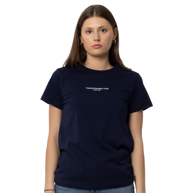 Close-up of the signature logo on the navy Carlton Women's Signature Tee.