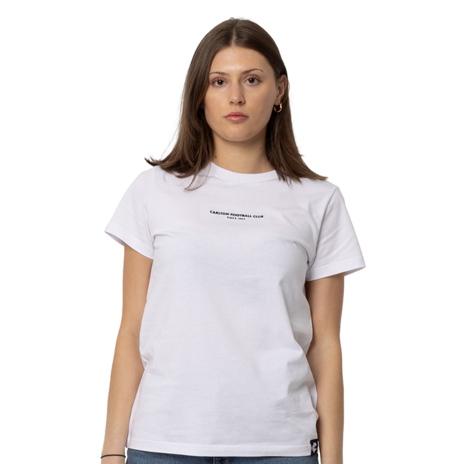 Back view of the white Carlton Women's Signature Tee worn by a model.