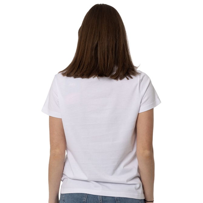 Angled side view of the white Carlton Women's Signature Tee.