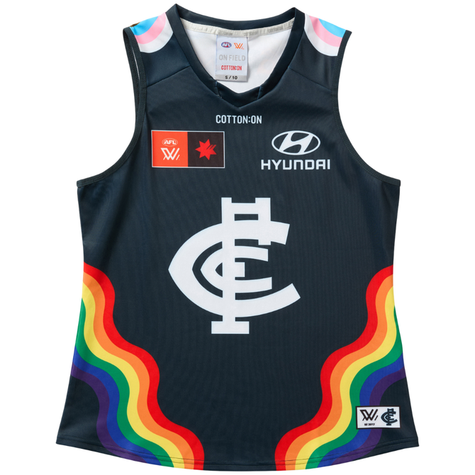 Front view of the 2025 Cotton On S10 Women's Pride Guernsey worn by a model.