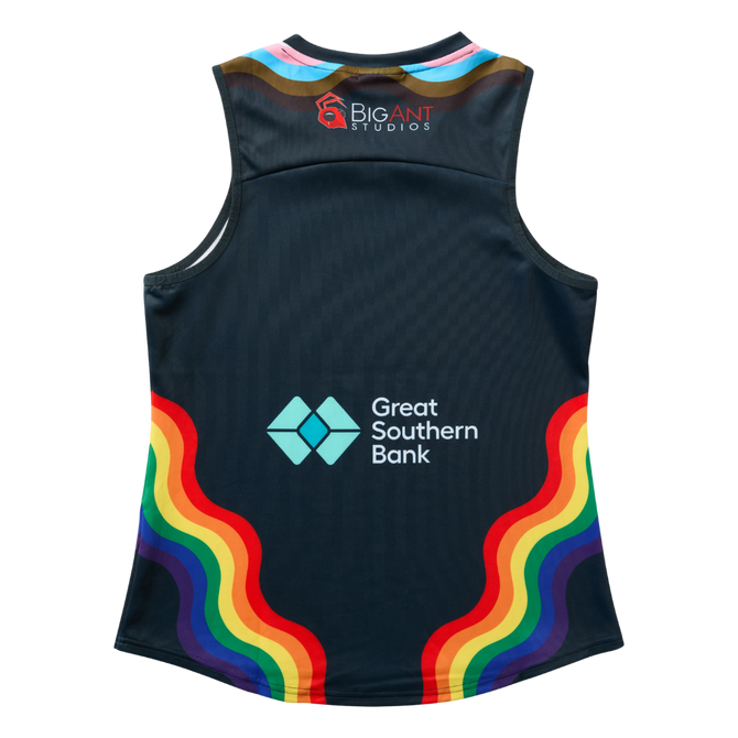Back view of the 2025 Cotton On S10 Women's Pride Guernsey worn by a model.