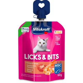 VITAKRAFT LICKS & BITS SNACK CREMOSO PER GATTI CON GAMBERETTI E POMODORO 60 GRAMMI