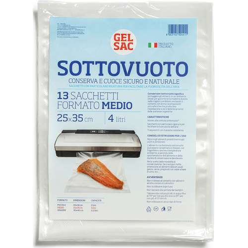 GEL SAC 13 SACCHETTI SOTTOVUOTO GOFFRATO FORMATO MEDIO 25x35 CM 4 LITRI 