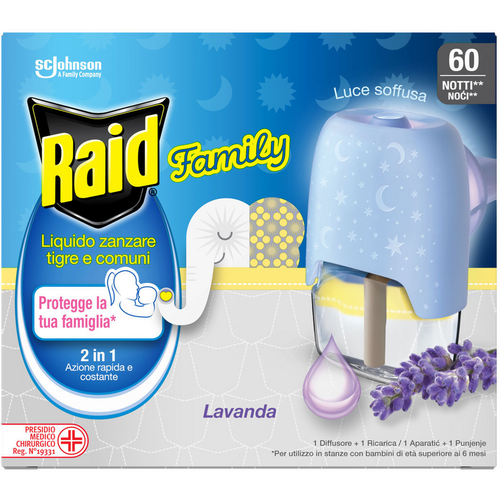 RAID FAMILY DIFFUSORE ELETTRICO + RICARICA LIQUIDA 60 NOTTI LAVANDA      RAID FAMILY DIFFUSORE ELETTRICO + RICARICA LIQUIDA 60 NOTTI LAVANDA
