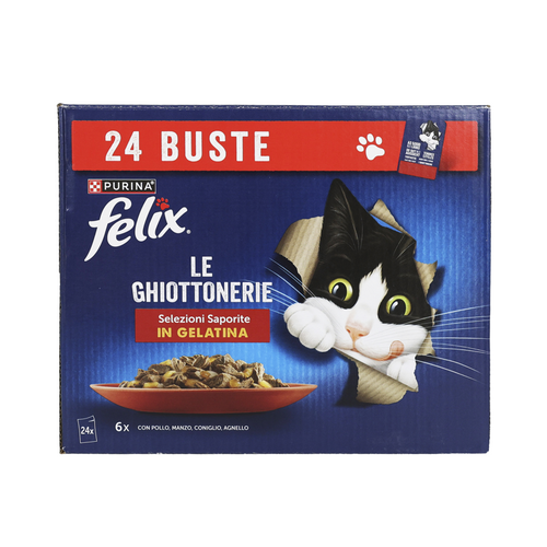 FELIX LE GHIOTTONERIE IN GELATINA 24 BUSTE DA 85 GRAMMI > 6 POLLO - 6 MANZO - 6 CONIGLIO - 6 AGNELLO