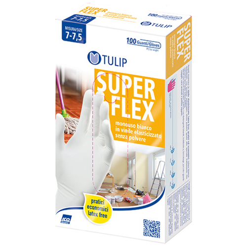 TULIP SUPERFLEX GUANTI IN VINILE ELASTICIZZATO BIANCO MONOUSO SENZA POLVERE 100 PEZZI MISURA 7-7,5