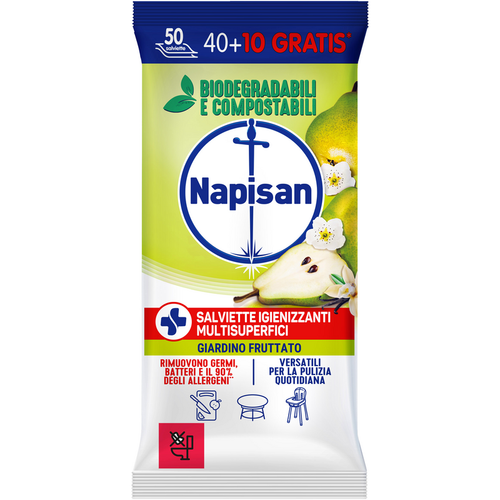 NAPISAN 50 SALVIETTE (40+10 GRATIS) BIODEGRADABILI COMPOSTABILI IGIENIZZANTI GIARDINO FRUTTATO