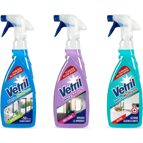 VETRIL VETRI & MULTIUSO TRIGGER 650 ML CASSA MISTA 12 PEZZI: 6 VETRIL AMMONIACA - 3 VETRIL ALCOOL 