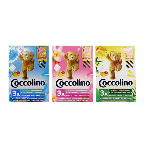 COCCOLINO PROFUMA BIANCHERIA 3 SACCHETTI CASSA MISTA 12 PZ: 4 CONFEZIONI FIORI DI TIARE' e FRUTTI ROSSI - 4 CONFEZIONI FIORI DELLA PASSIONE e YLANG YLANG - 4 CONFEZIONI PROFUMO DI PRIMAVERA 