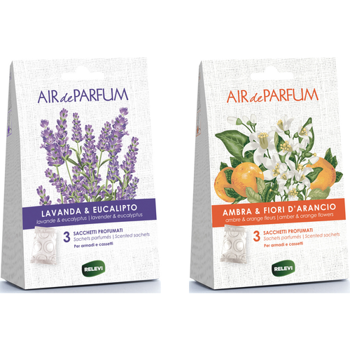 RELEVI AIR de PARFUM 3 SACCHETTI PROFUMATI PER ARMADI e CASSETTI CASSA MISTA 12 PEZZI; 6 CONFEZIONI DA 3 SACCHETTI LAVAMDA & EUCALIPTO - 6 CONFEZIONI DA 3 SACCHETTI AMBRA & FIORI D'ARANCIO
