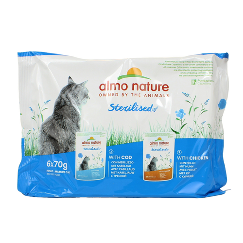 ALMO NATURE HOLISTIC STERLIZED GATTO 6 BUSTE DA 70 grammi - 3 MERLUZZO, 3 POLLO 